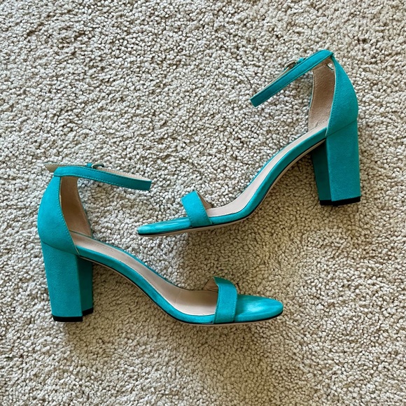 COPY - Stuart Weitzman 75 Nudistcurve Suede Block Heel Sandals in Turquoise- wo… - Picture 2 of 11